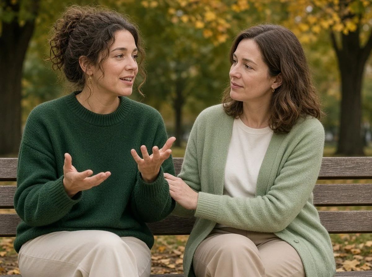 A friend listening with care as another friend opens up on a park bench
