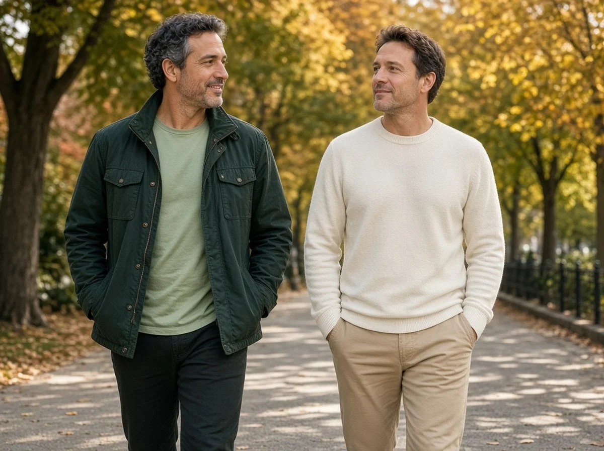Two friends walking and talking in a park