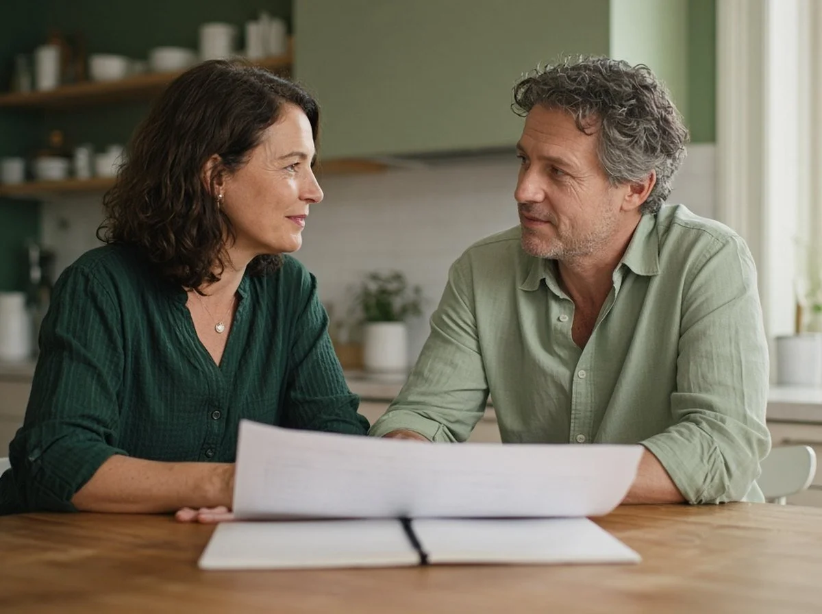 Couple facing each other at a kitchen table talking through their plans