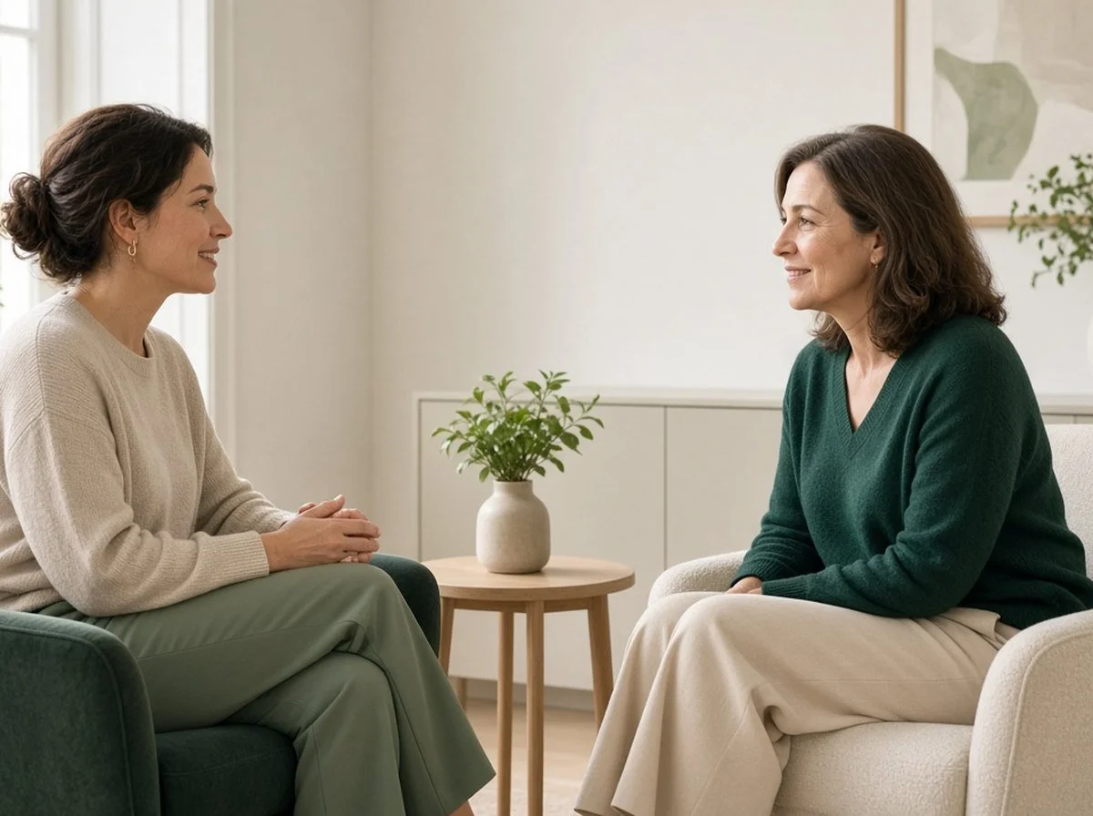 A client and therapist smiling during a first session in a bright office