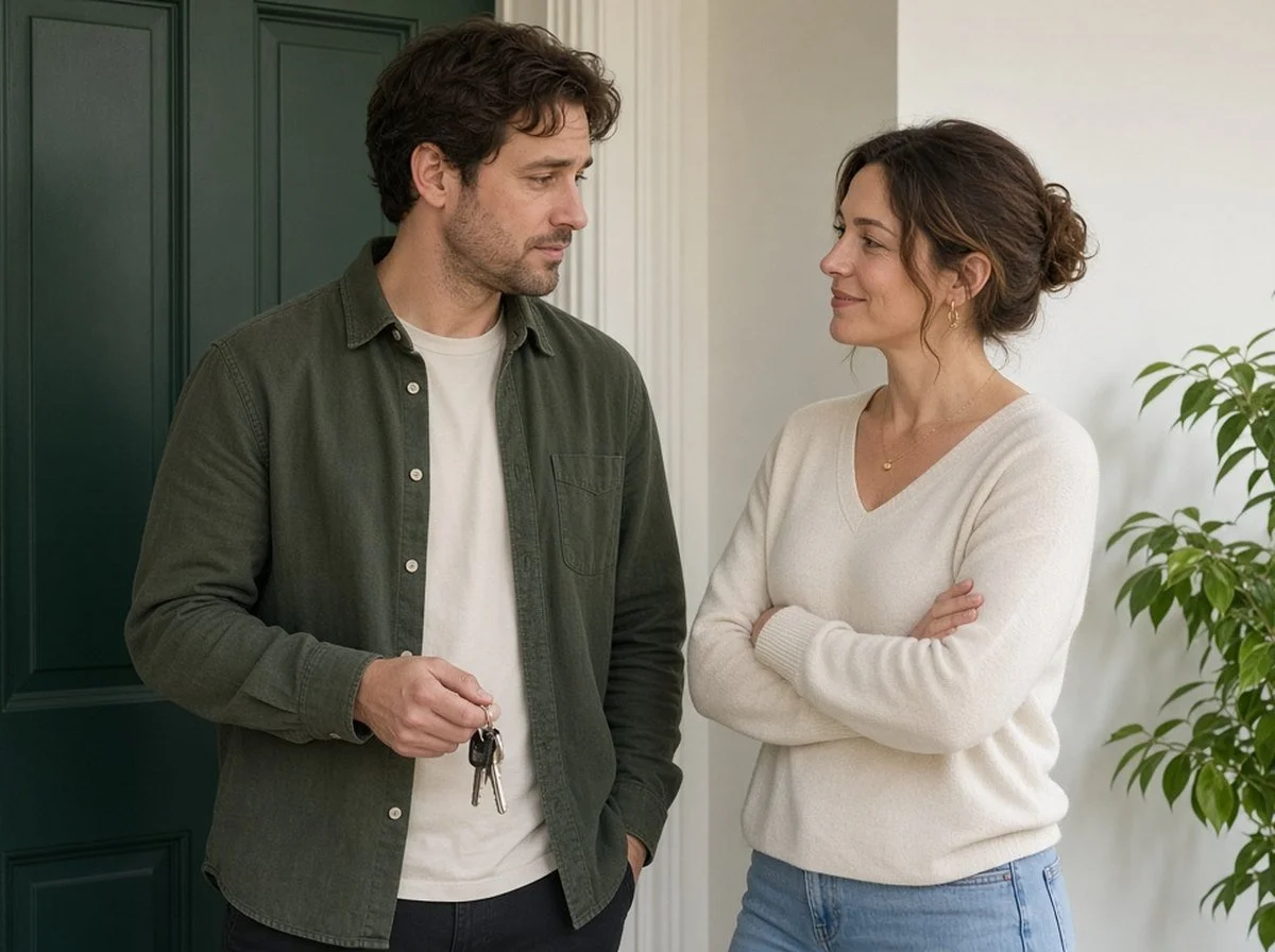 Two adults at a front door, one reassuring the other before heading out, both faces visible.