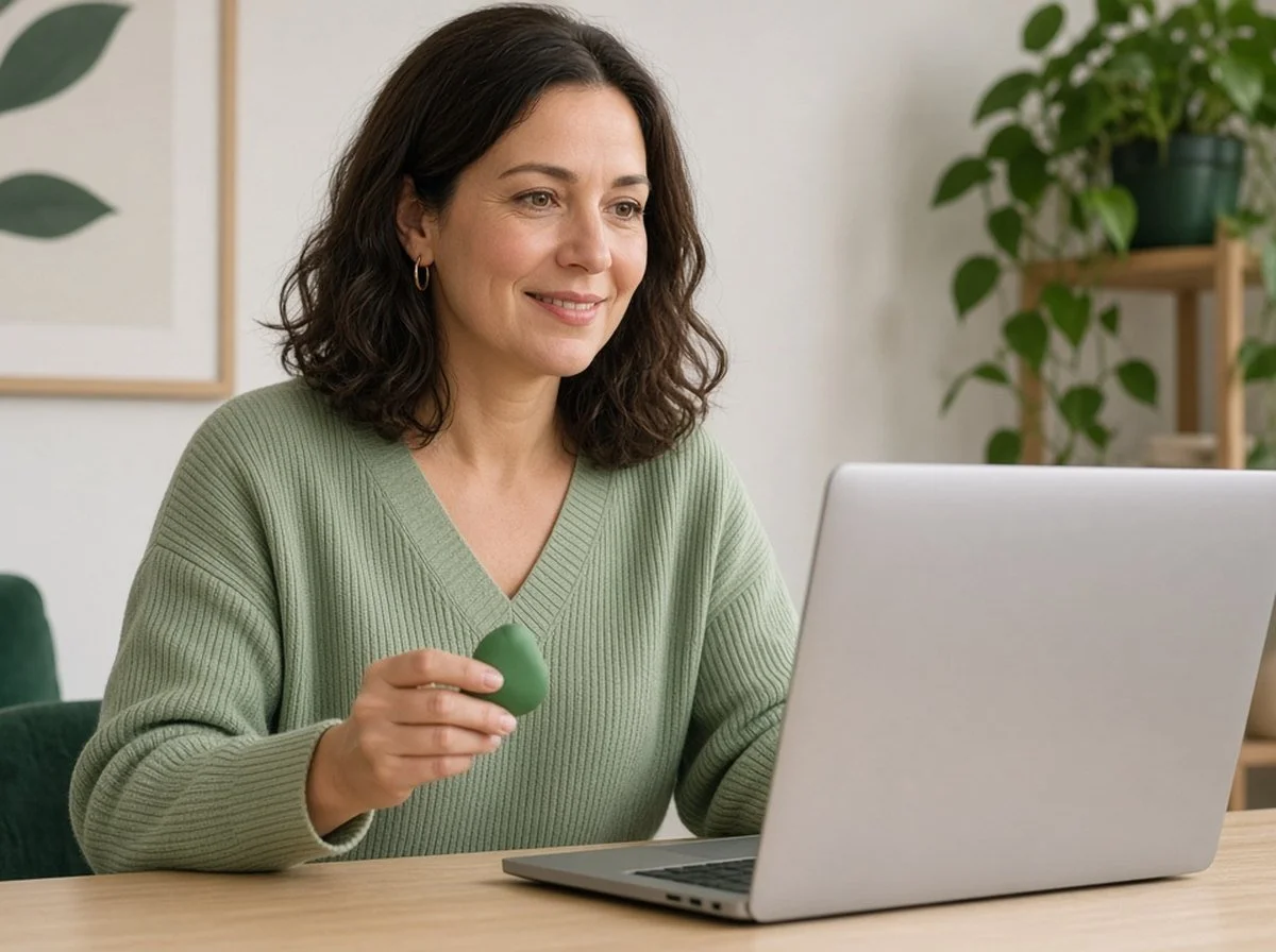 An adult in an online therapy session at home, holding a fidget item