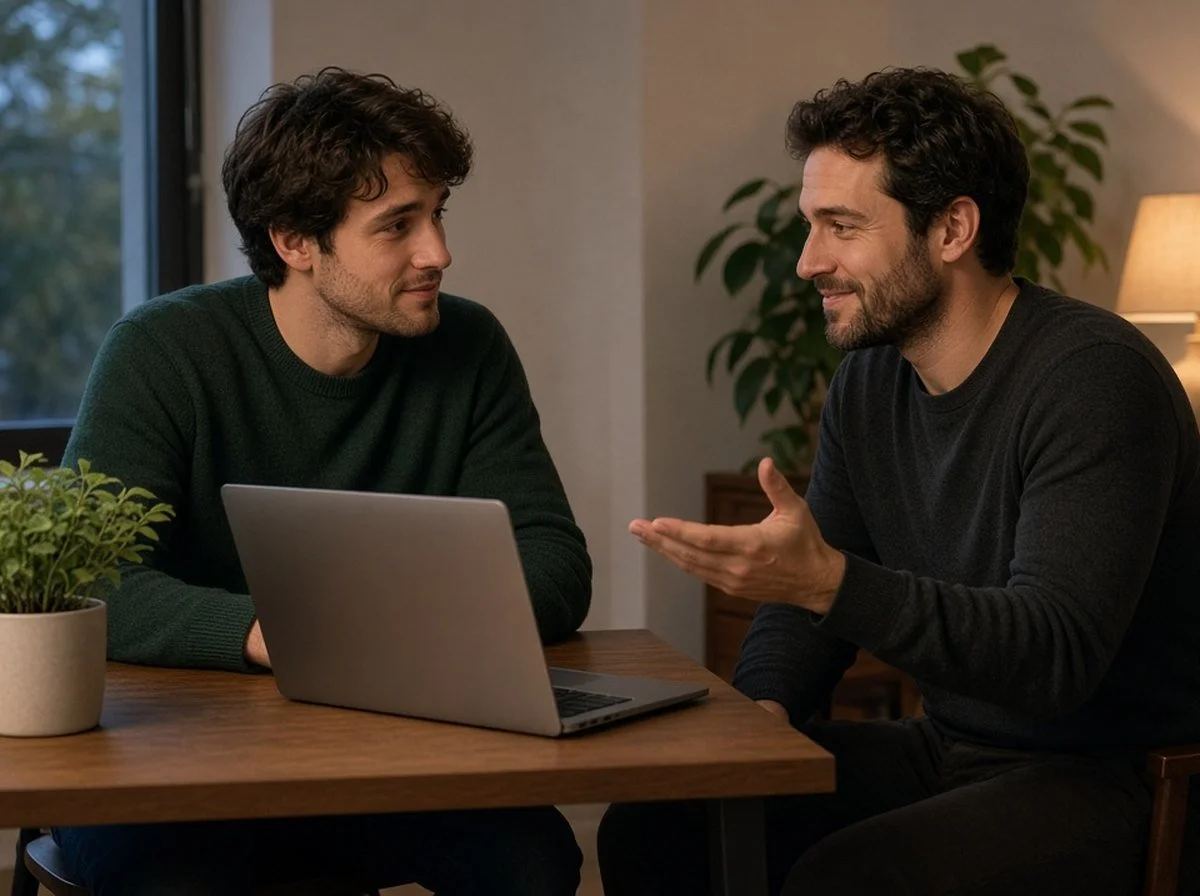 A young man at a desk with a laptop talking with a friend who is encouraging him to get started