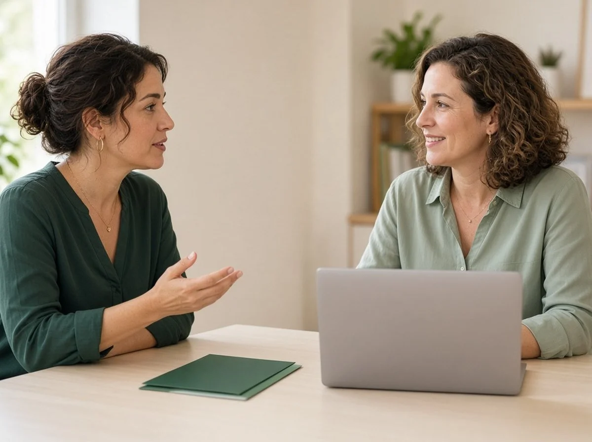 Woman and a clinic team member talking about benefits at a table