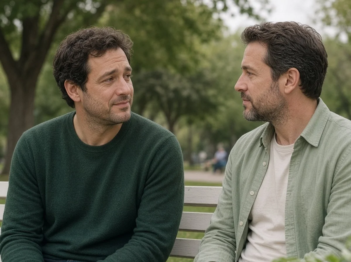 Man talking with a friend on a park bench, looking tired but relieved