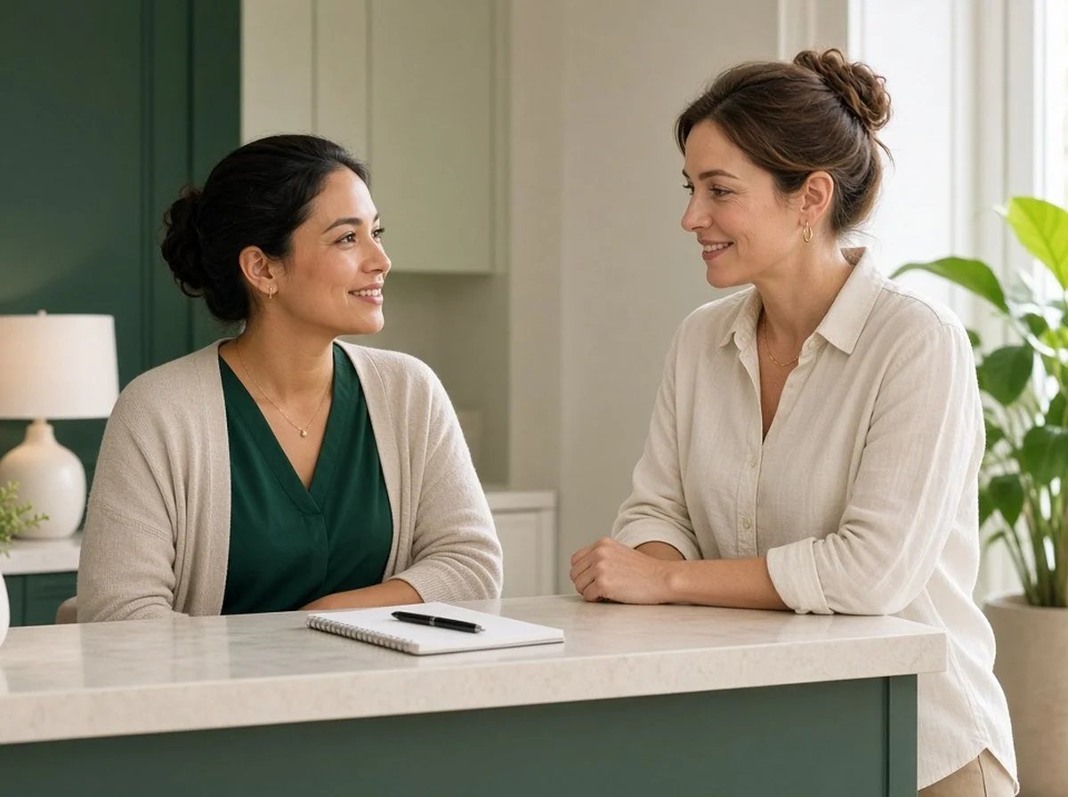 A clinic admin person chatting with a client at a front desk