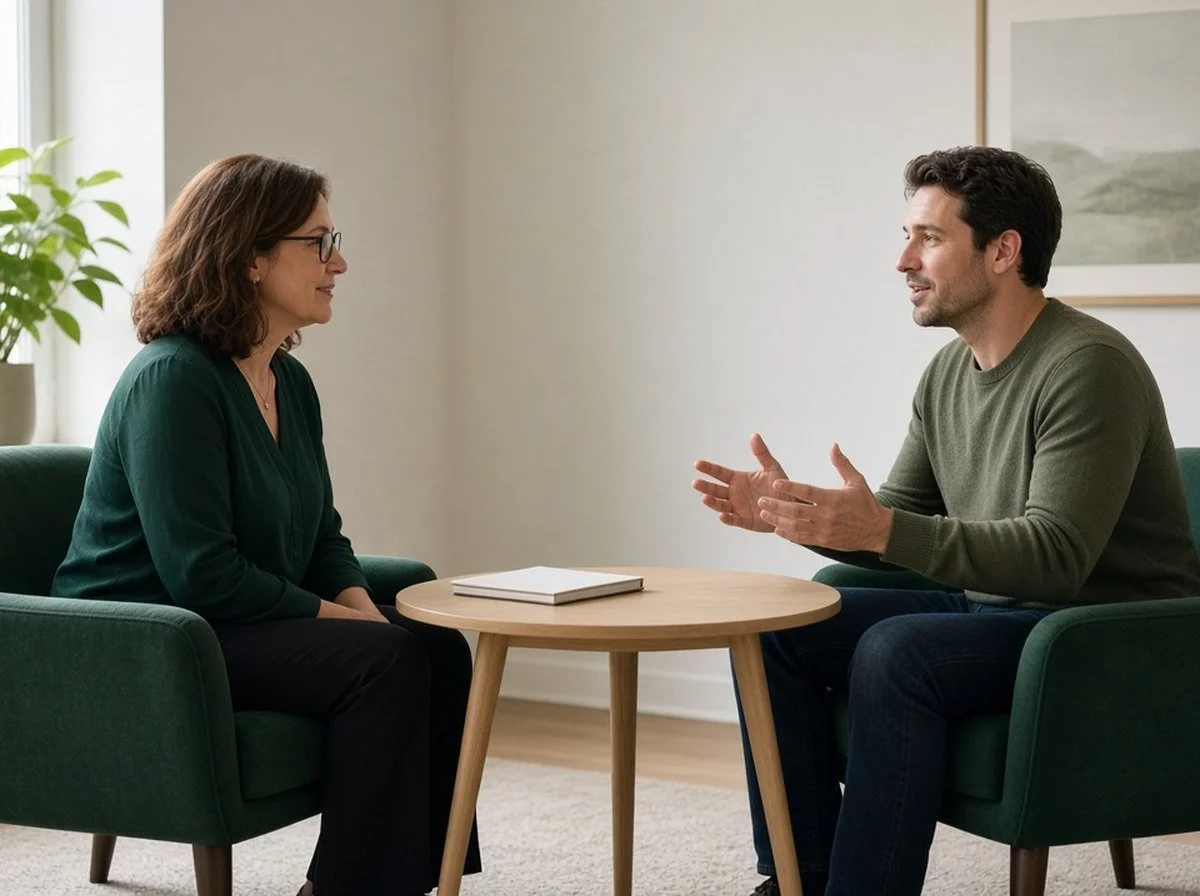 A counsellor and a client talking face to face at a small table in a bright counselling room