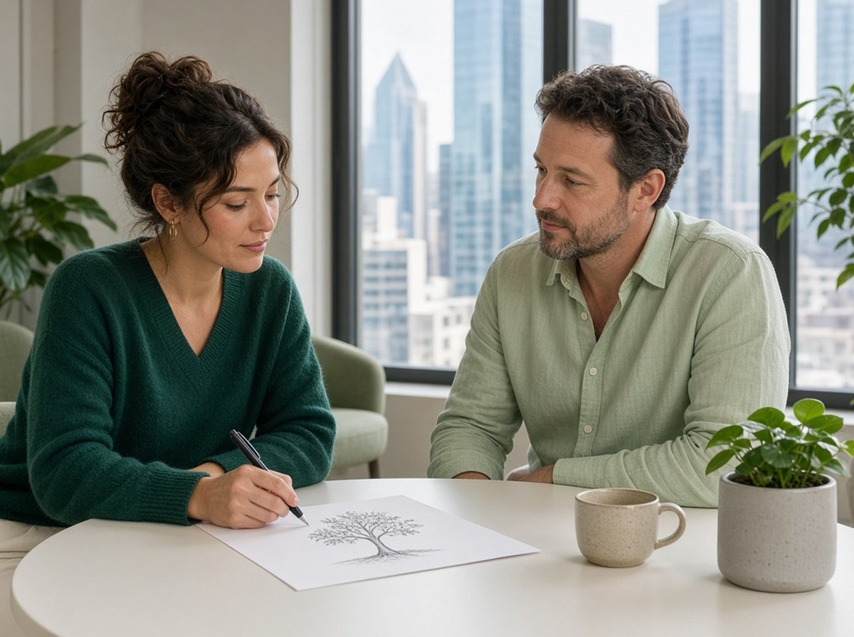 Woman sketching ideas with a male therapist, city view behind them