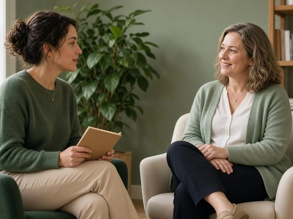 Woman and a therapist talking in a warm, softly lit office