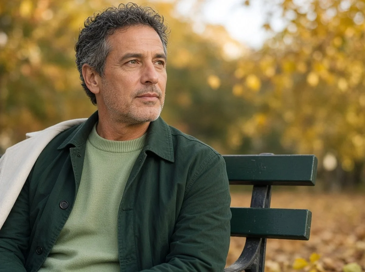 A man reflecting on a park bench in autumn
