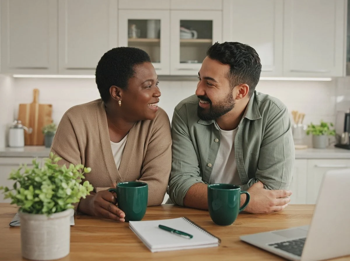 Couple talking over coffee at a kitchen table
