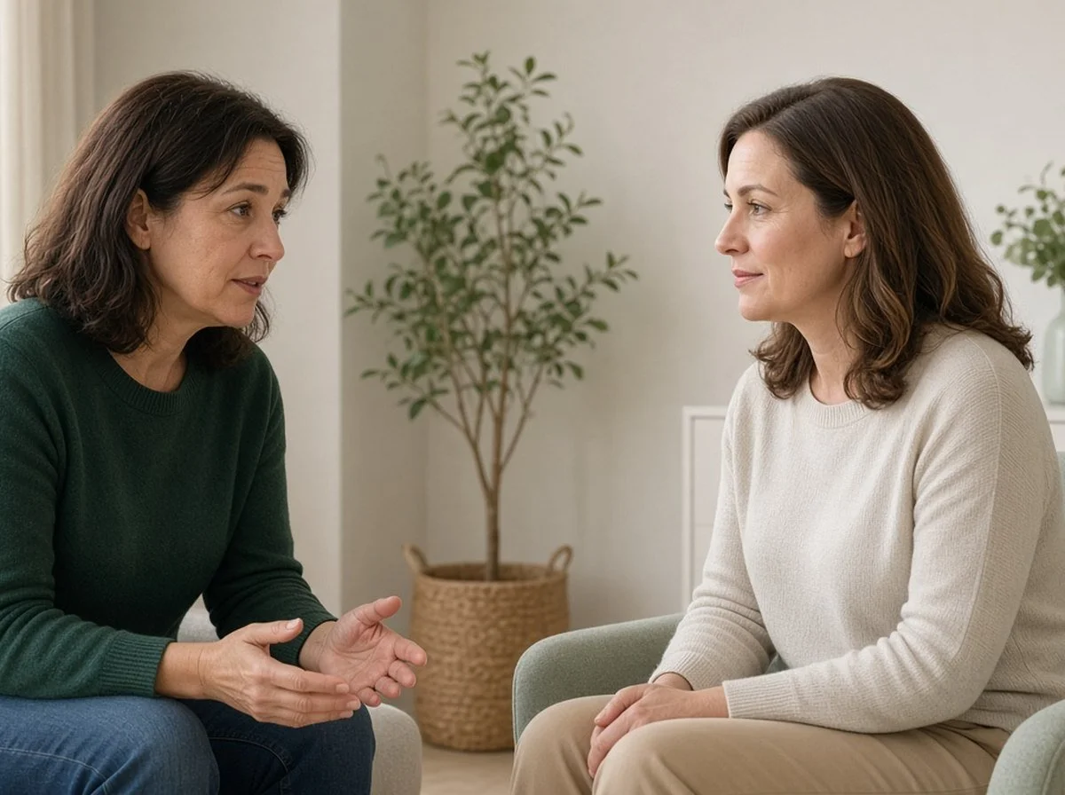 Woman talking with a counsellor in a bright, calm room