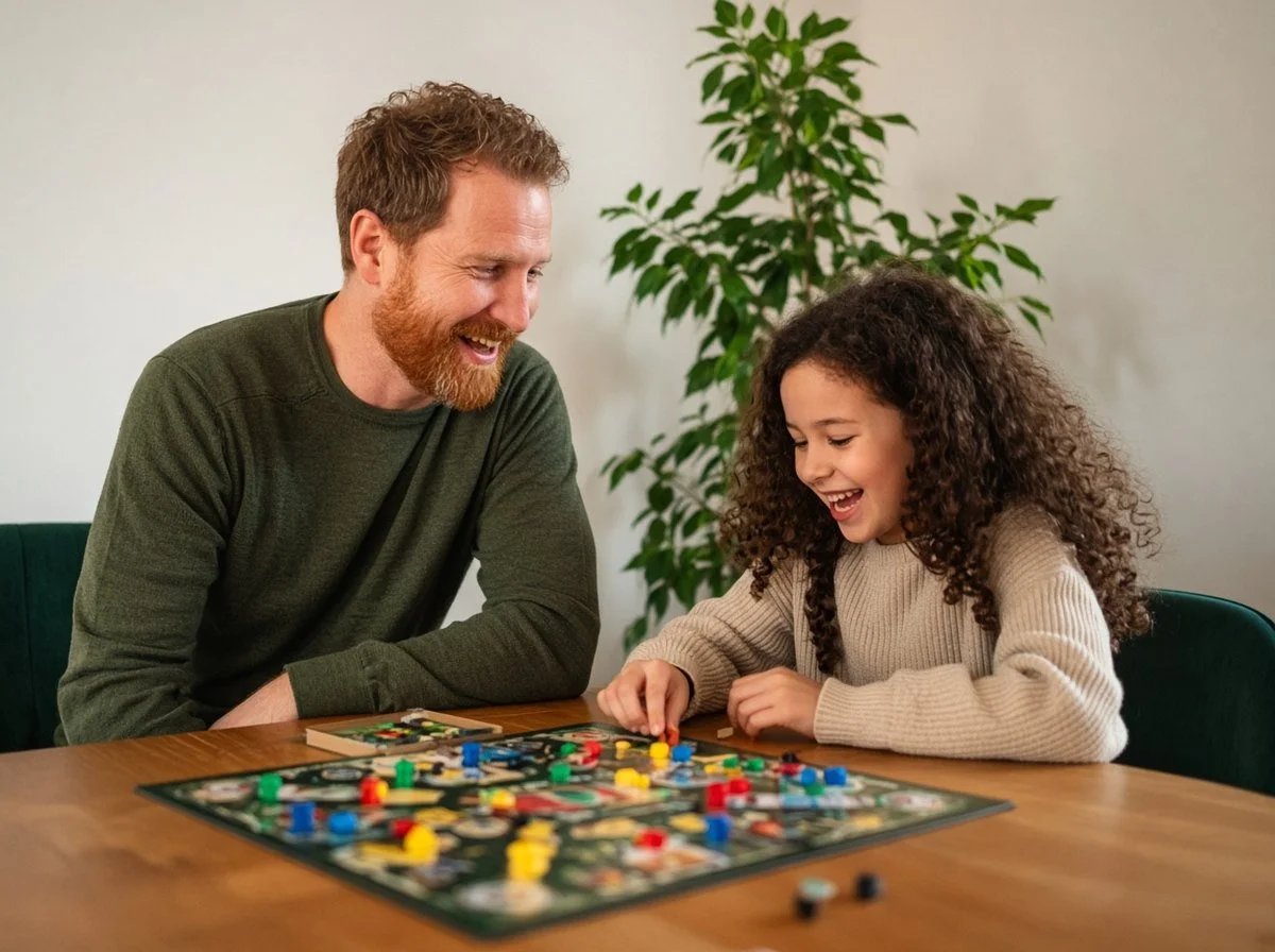 Father and daughter laughing over a board game
