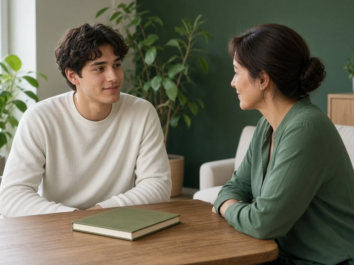 An adult talking calmly with a therapist at a wooden table