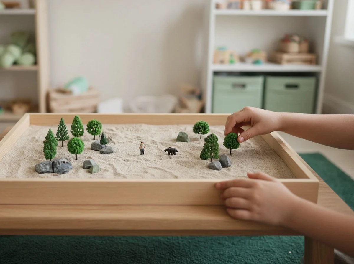 A child's hands arranging figures in a sandtray during play therapy