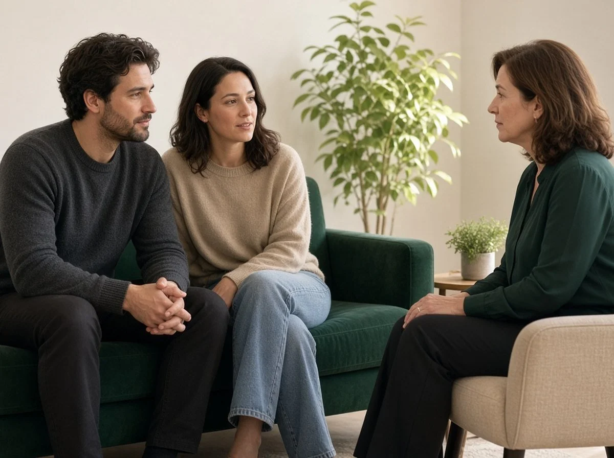 Couple on a sofa talking with a woman therapist