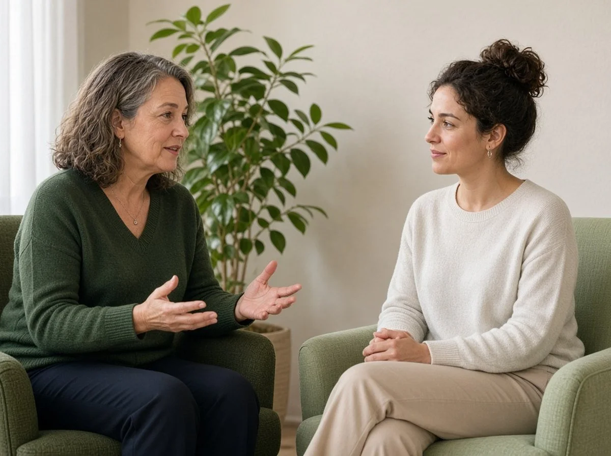 Two women talking together in a bright, calm counselling room