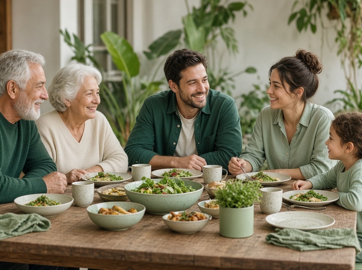 A relaxed family meal with grandparents and a young child