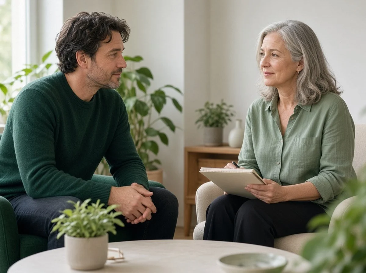 A man talking with a therapist about anxiety