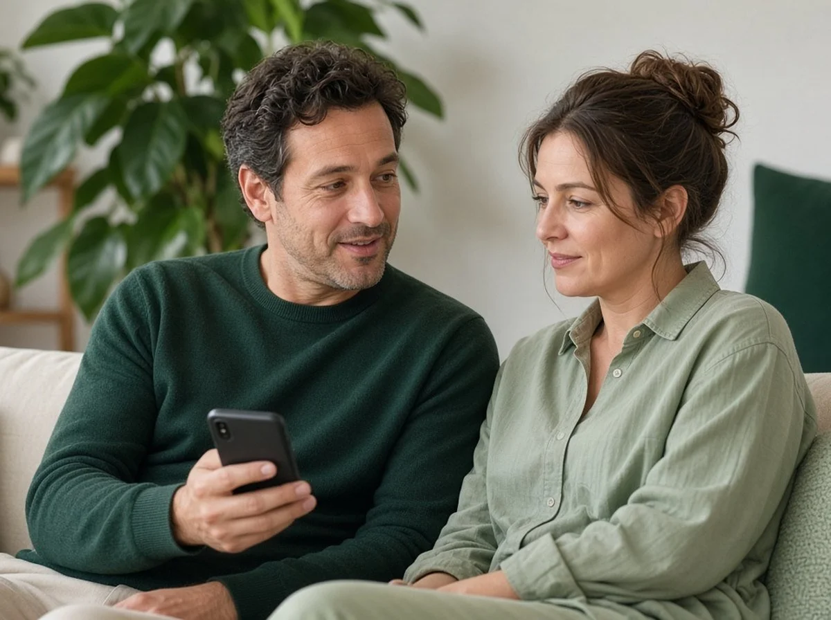 Couple on a sofa checking their benefits together on a phone