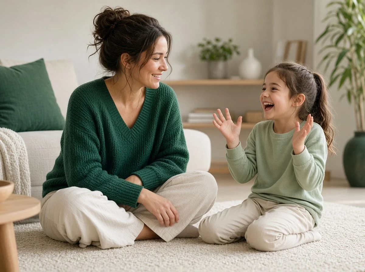 A parent smiling as their child happily flaps their hands
