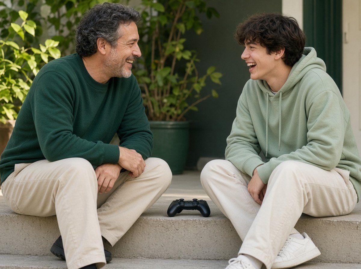 Father and teen son laughing together on the front steps with a game controller between them