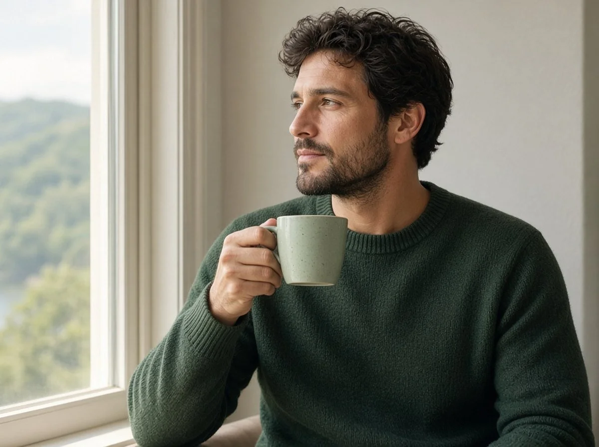 An adult sitting by a window in calm thought