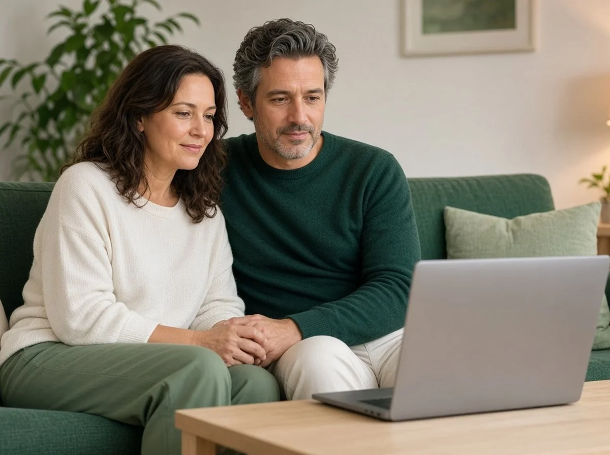A couple on a sofa together in an online counselling session at home