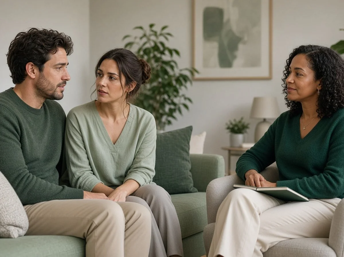 Couple talking with a therapist across a small table in a bright room