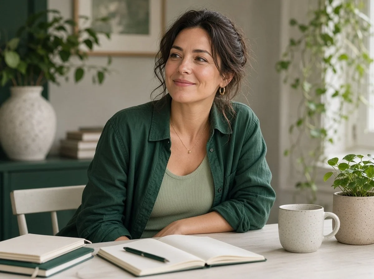 An adult taking a calm breath at a desk