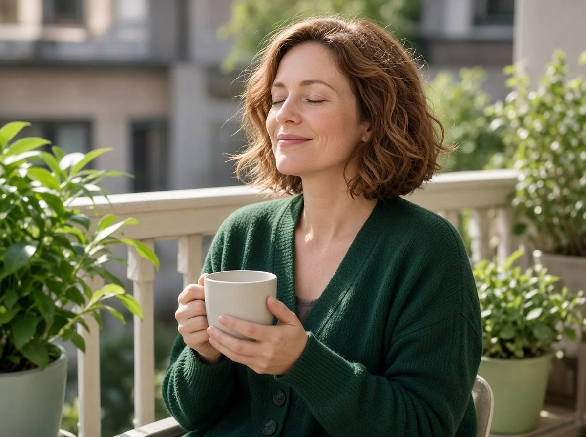 Woman on a sunny balcony letting herself enjoy a quiet moment