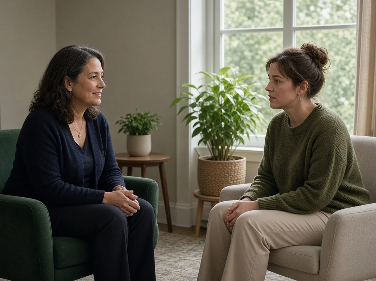 A counsellor and a client facing each other talking in a calm counselling room