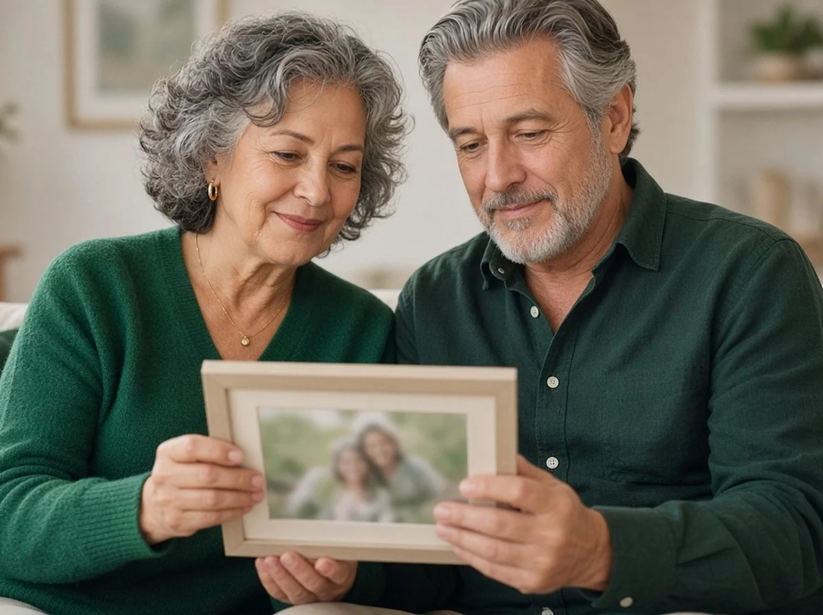 Two adults looking at a framed photo together with gentle smiles