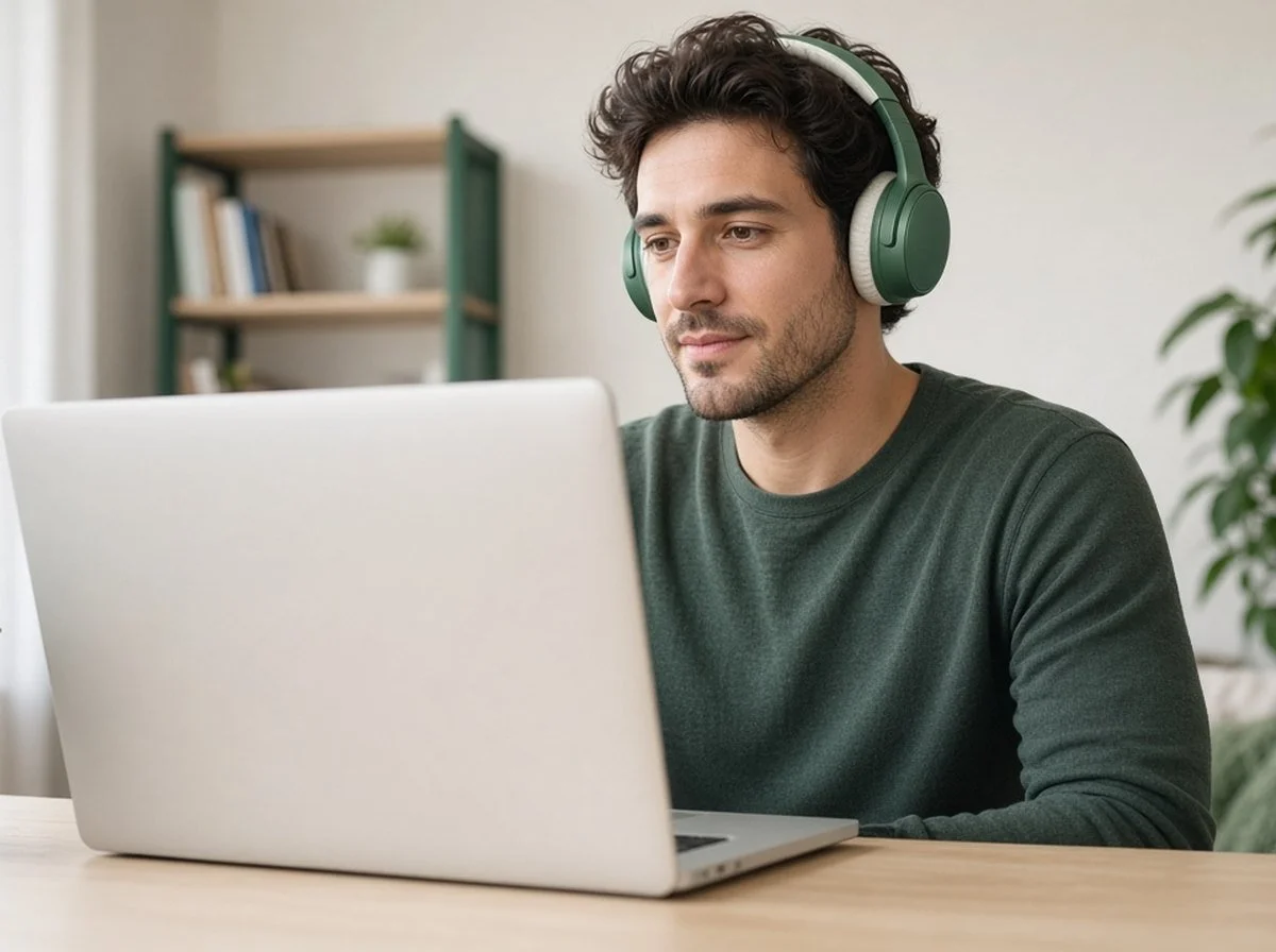 A man in an online EMDR session at home