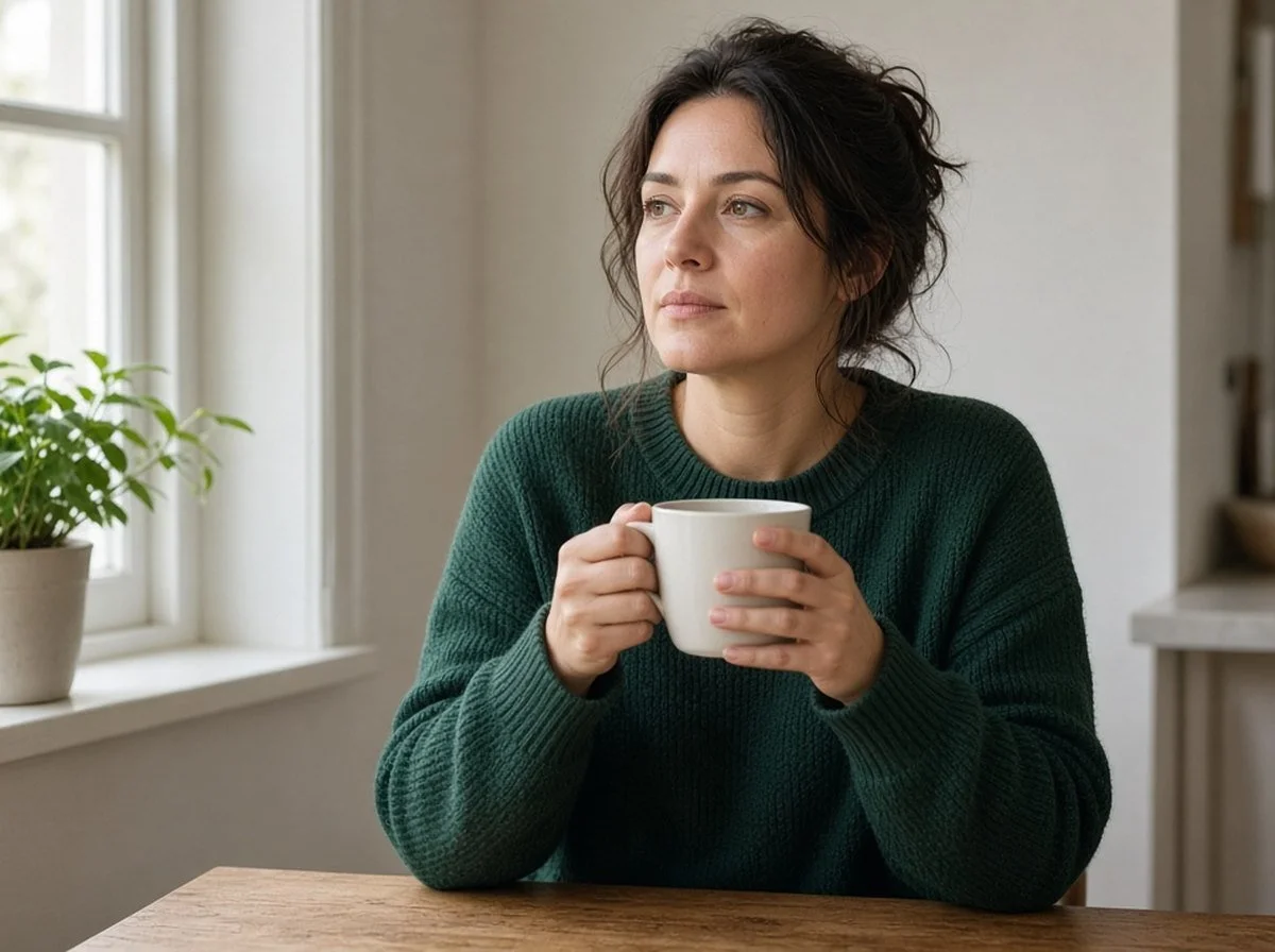 Woman at a kitchen table holding a mug, looking thoughtful