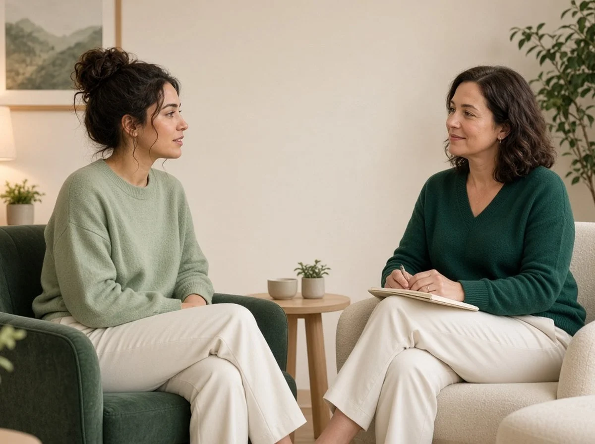 Adult talking with a therapist in a calm, softly lit room
