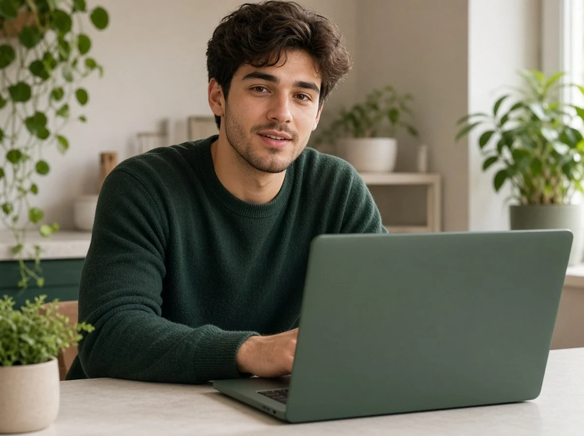 Young man at a kitchen table in an online therapy session