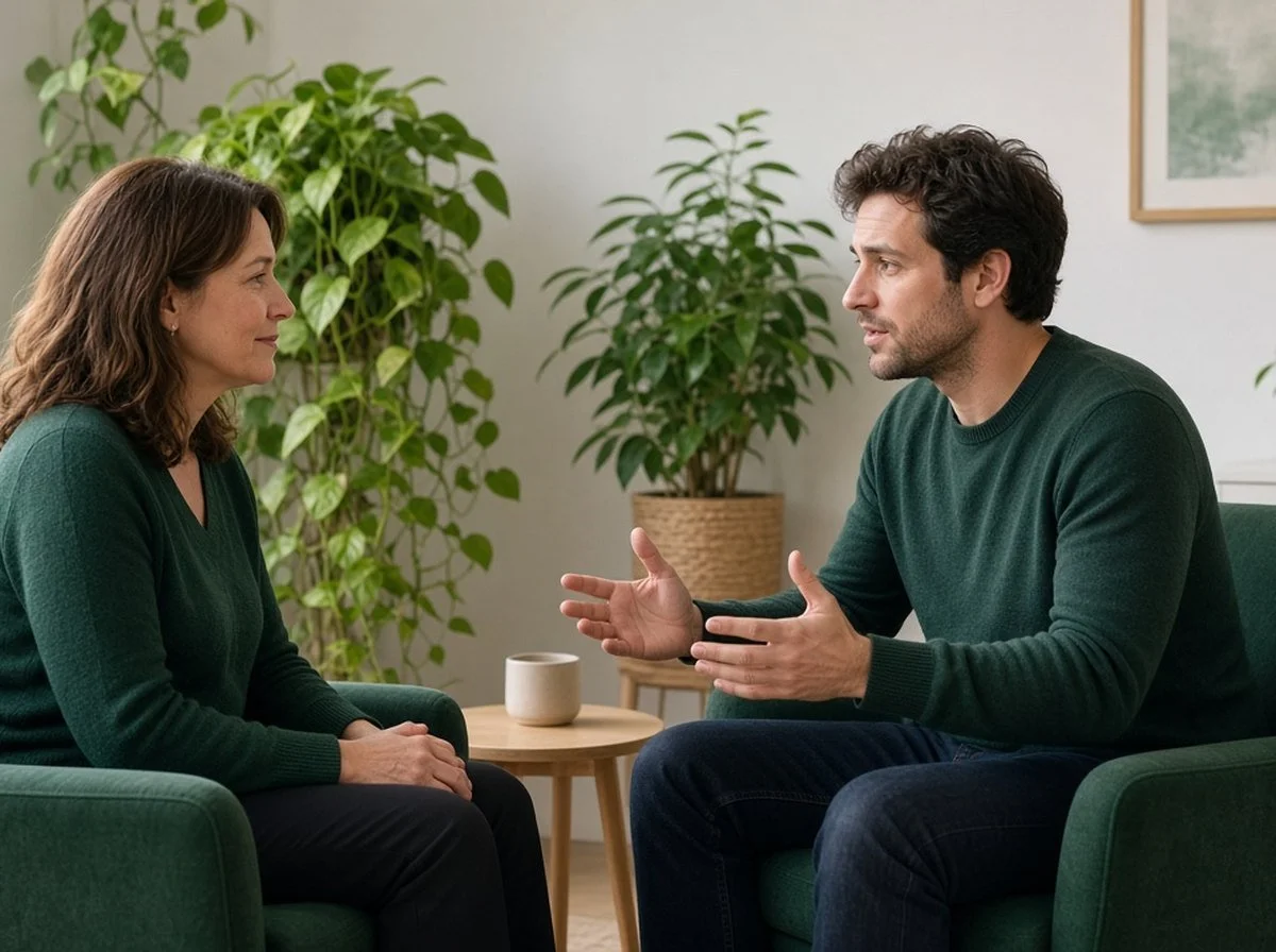 A counsellor and a client talking face to face in a bright counselling room