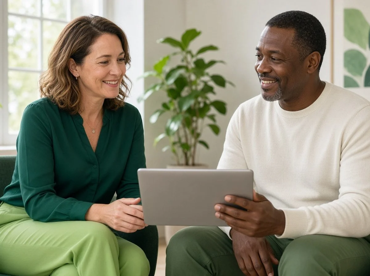 A woman talking with a man who is holding a tablet