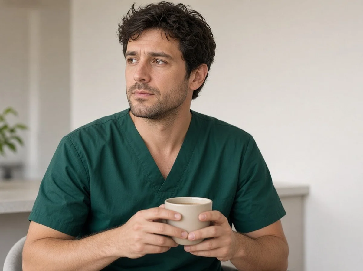 Man in green scrubs holding a cup of coffee, looking reflective