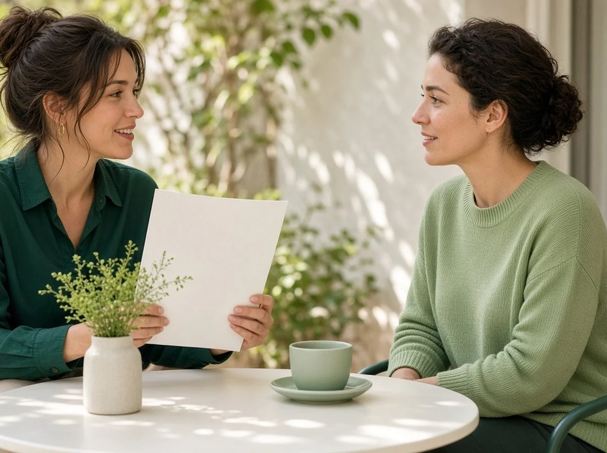 Two friends chatting at a café table