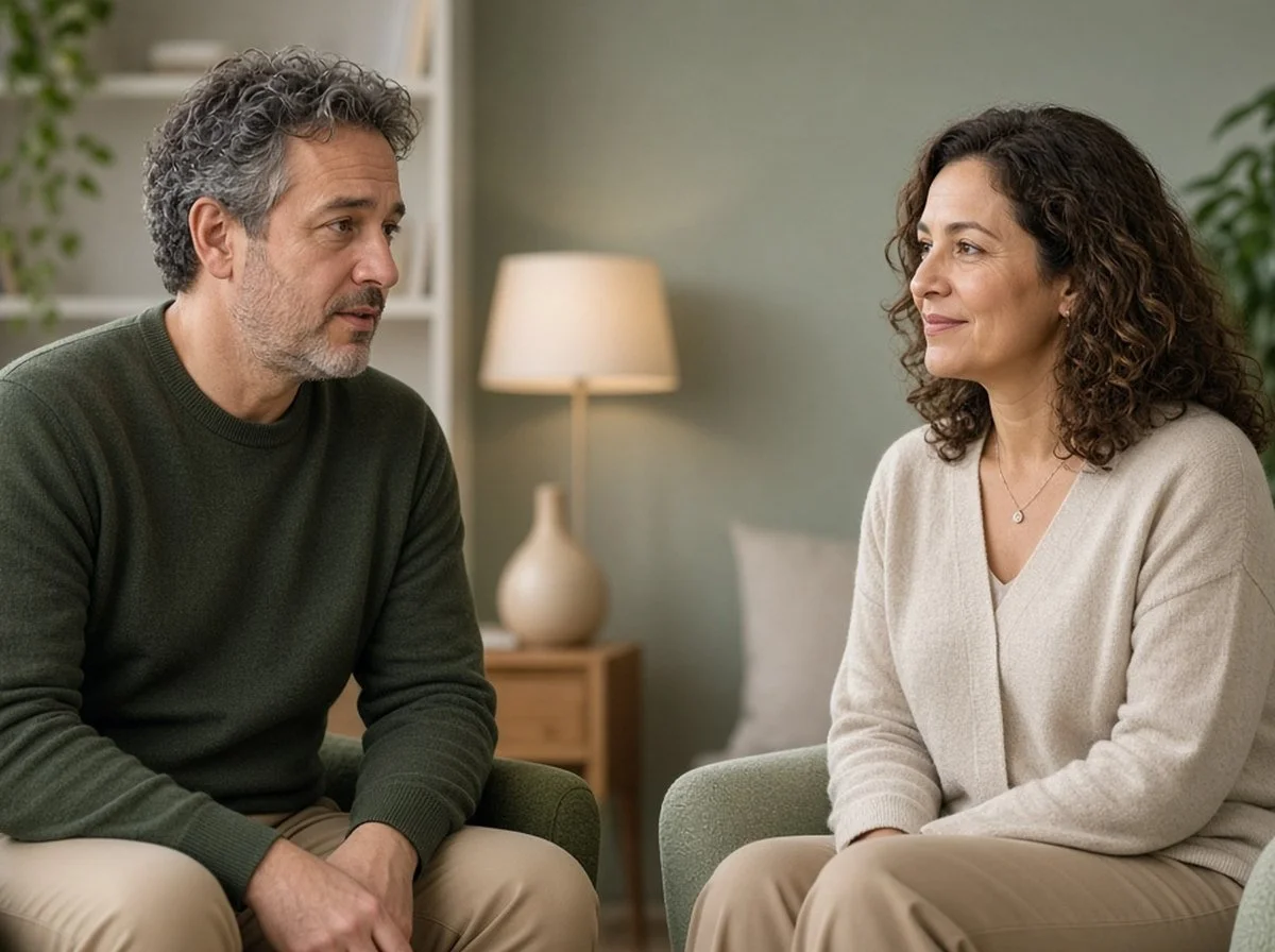 Man and a therapist talking in a softly lit room