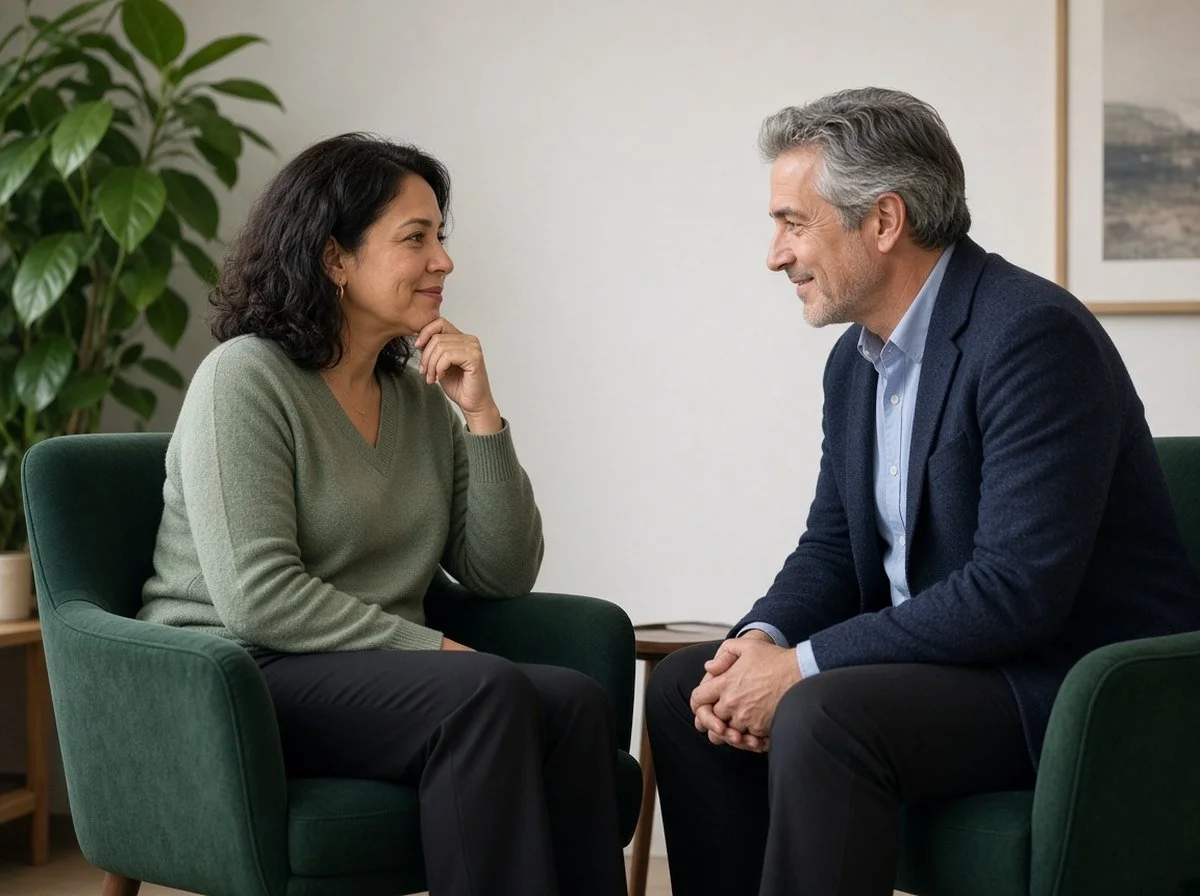 Woman smiling slightly while answering a counsellor's question