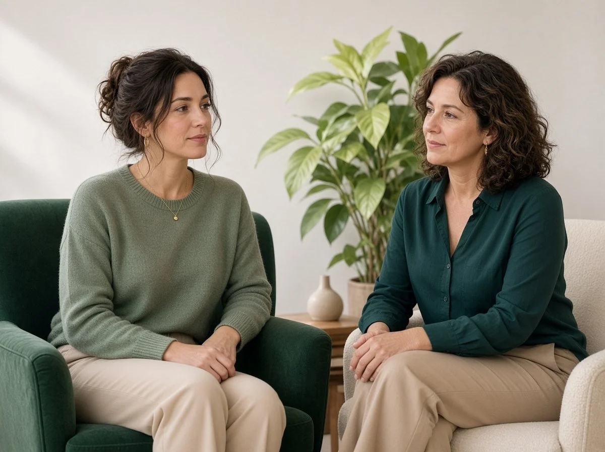 Woman practising mindfulness with a therapist in a warm counselling office