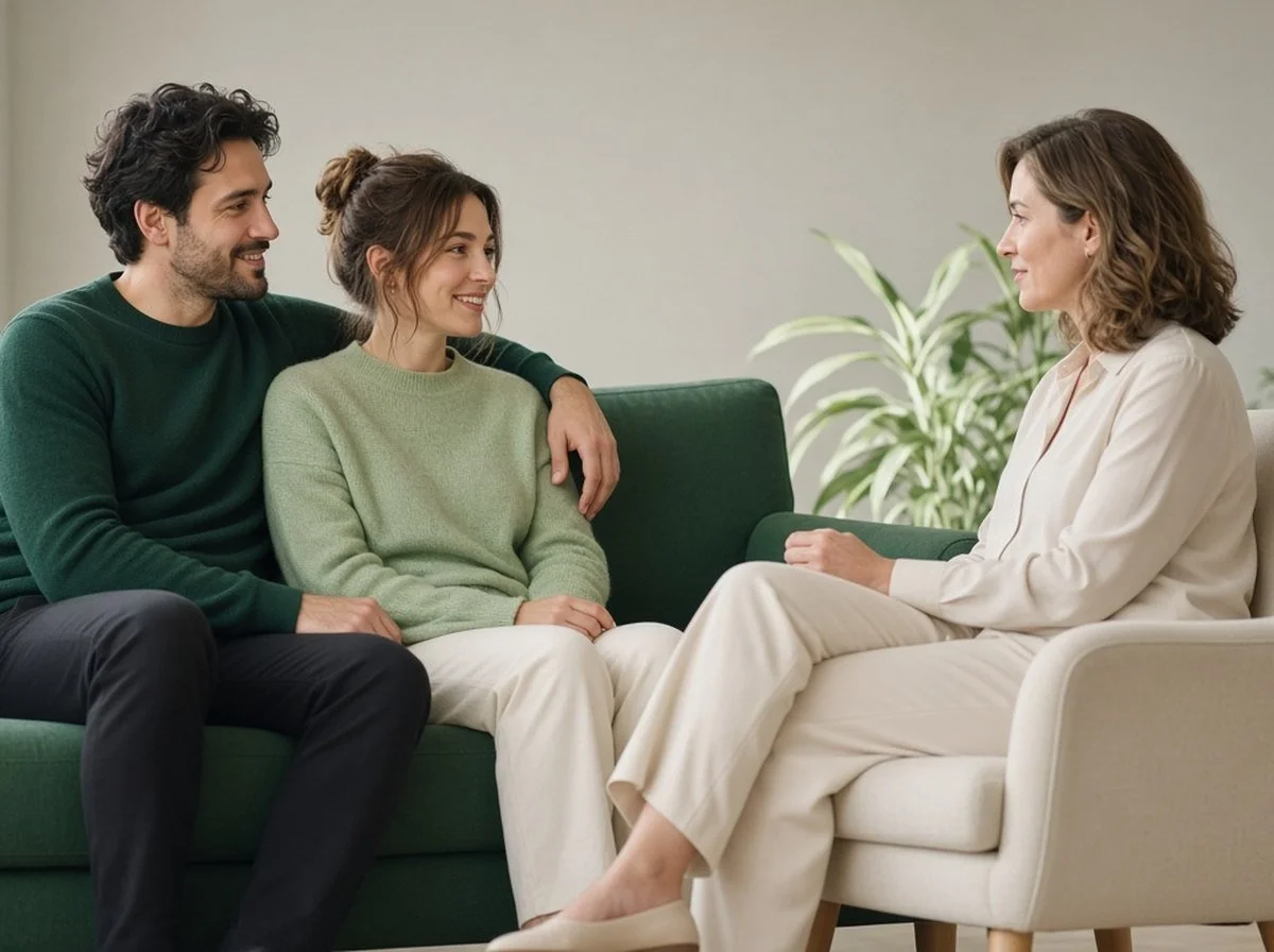 Smiling couple on a green sofa, his arm around her, talking with a therapist