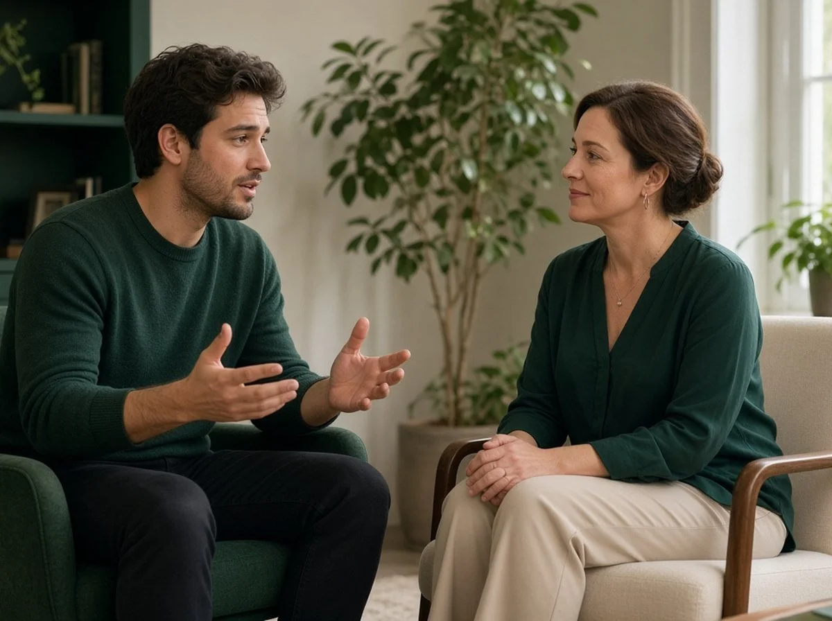 Young man talking with a female therapist