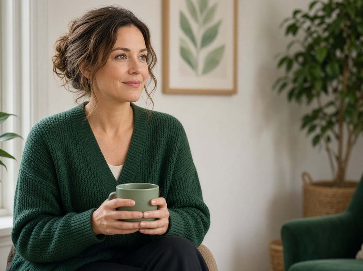 A woman sitting by a window in a counselling office, looking calm and hopeful