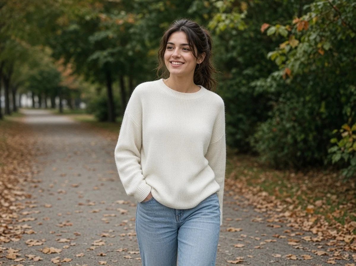 Young woman smiling on an autumn park path