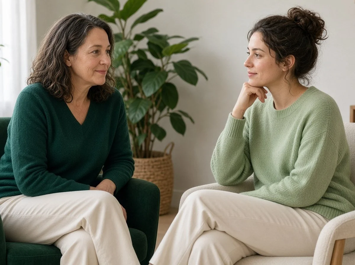 An adult client and a trauma therapist talking in a calm, softly lit room
