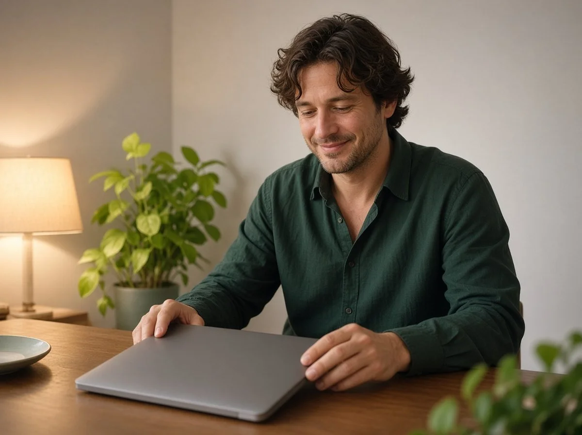 Man closing his laptop at the end of the day with a relaxed expression